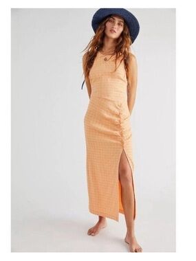 Free People Kokomo Linen Blend Ruched Maxi dress boho beach chic vacation 90s